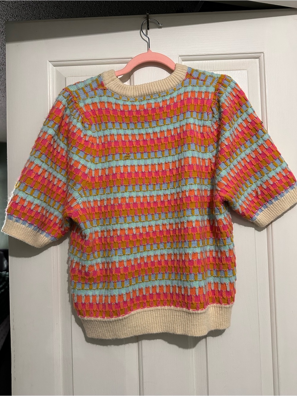 BiBi Multicolor Short-Sleeve Knit Sweater with Cream Trim